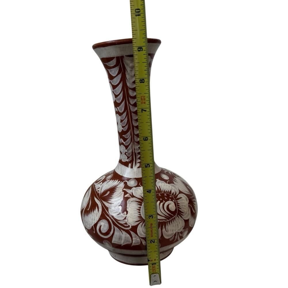 Mexican Pottery Bottleneck 9.5” Vase Floral Hand Painted Bohemian Signed R.C. - Picture 7 of 9